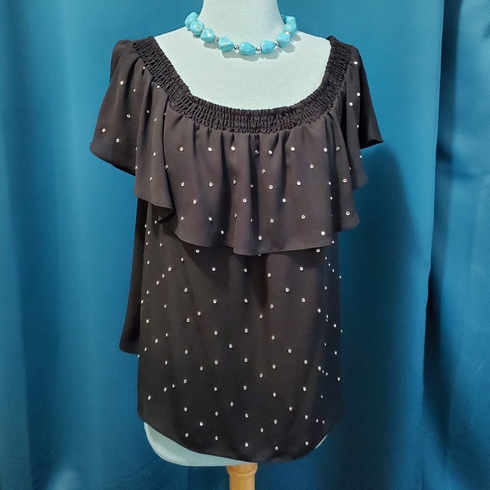 INC Rhinestone Off-the-Shoulder Ruffle Blouse - Black Embellished Top - Size XL - Picture 2 of 7